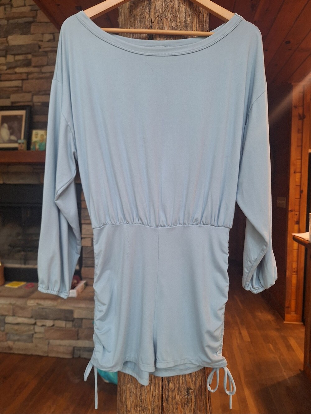 Fashion Nova Pale Blue Romper with Side Ties On Bottom Med
